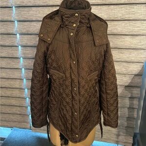 Jacket-Marc New York brown quilted w/bronze hardware.knee length.Smoke free home